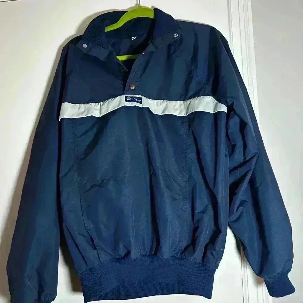 VTG 80s Penfeld Men’s 1/4 Snap Pullover. Sz: M. Navy w/ Grey Horizontal Stripe.